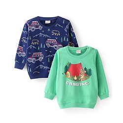 Babyhug Cotton Knit Full Sleeves Sweat Shirts with Camping Theme Print Pack of 2 - Green & Blue