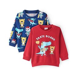 Babyhug Cotton Knit Full Sleeves Sweatshirts With Dino Print Pack of 2- Red & Blue