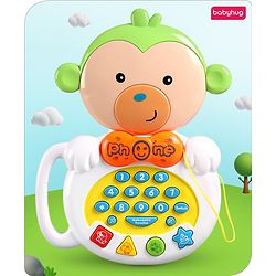 Babyhug Musical Monkey Telephone Learning Toy|Lights & Music|Role Play Phone Toy for Kids|Numbers|Shape & Color Recognition|Animal Names & Sounds|Math Quizzes|Addition & Subtraction|Yellow -12 Months+