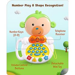 Babyhug Musical Monkey Telephone Learning Toy|Lights & Music|Role Play Phone Toy for Kids|Numbers|Shape & Color Recognition|Animal Names & Sounds|Math Quizzes|Addition & Subtraction|Yellow -12 Months+