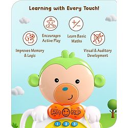 Babyhug Musical Monkey Telephone Learning Toy|Lights & Music|Role Play Phone Toy for Kids|Numbers|Shape & Color Recognition|Animal Names & Sounds|Math Quizzes|Addition & Subtraction|Yellow -12 Months+
