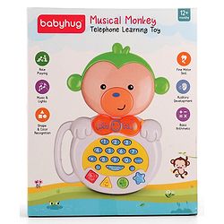 Babyhug Musical Monkey Telephone Learning Toy|Lights & Music|Role Play Phone Toy for Kids|Numbers|Shape & Color Recognition|Animal Names & Sounds|Math Quizzes|Addition & Subtraction|Yellow -12 Months+