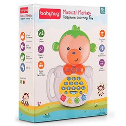 Babyhug Musical Monkey Telephone Learning Toy|Lights & Music|Role Play Phone Toy for Kids|Numbers|Shape & Color Recognition|Animal Names & Sounds|Math Quizzes|Addition & Subtraction|Yellow -12 Months+