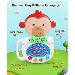 Babyhug Musical Monkey Telephone Learning Toy|Lights & Music|Role Play Phone Toy for Kids|Numbers|Shape & Color Recognition|Animal Names & Sounds|Math Quizzes|Addition & Subtraction|Yellow -12 Months+