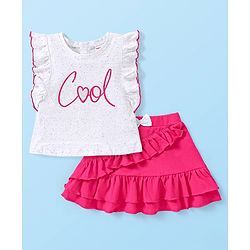 Babyhug Single Jersey Knit Frill Sleeves Top & Skirt Set with Text Print - White or Pink