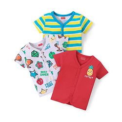 Babyhug 100% Cotton Interlock Knit Half Sleeves Vests with Fruit Print & Stripes Pattern Pack of 3 - Multicolor