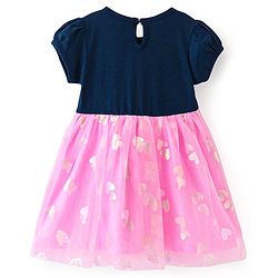 Babyhug Cotton Knit Half Sleeves Foil Printed Frock with Sequinned Heart - Pink
