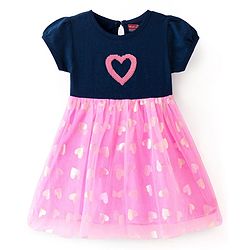 Babyhug Cotton Knit Half Sleeves Foil Printed Frock with Sequinned Heart - Pink