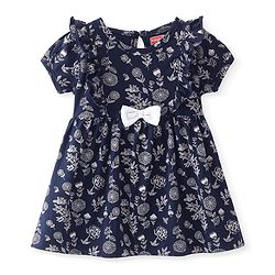 Babyhug Single Jersey Knit Half Sleeves Frock with Floral Print & Bow Applique - Navy Blue