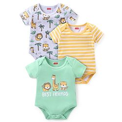 Babyhug Interlock Knit Half Sleeves Onesie With Animal Print Pack of 3 - Multicolor