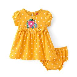 Babyhug Single Jersey Knit Half Sleeves Frock With Bloomer Polka Dot Print - Yellow