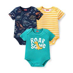 Babyhug 100% Cotton Knit Half Sleeves Onesies  with Striped Dino & Text Print Pack of 3 - Multicolour