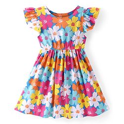 Babyhug Single Jersey Knit Half Frill Sleeves Floral Printed Frock - Multicolor