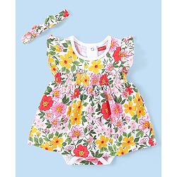Babyhug 100% Cotton Knit Frill Sleeves Frock Style Onesie with Headband Floral Print - Multicolour