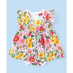 Babyhug 100% Cotton Knit Frill Sleeves Frock Style Onesie with Headband Floral Print - Multicolour