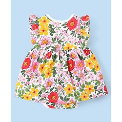 Babyhug 100% Cotton Knit Frill Sleeves Frock Style Onesie with Headband Floral Print - Multicolour