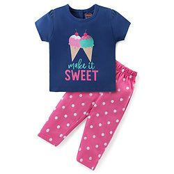 Babyhug Cotton Knit Half Sleeves Night Suit With Ice Cream Print - Navy & Pink
