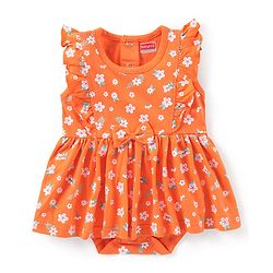 Babyhug 100% Cotton Knit Frill Sleeves Frock Style Onesie with Bow Detailing & Floral Applique - Orange