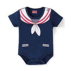 Babyhug 100% Cotton Knit Half Sleeves Onesie with Sailor Print - Navy Blue