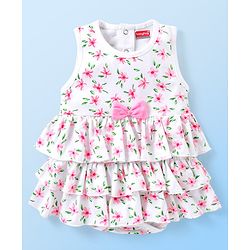 Babyhug 100% Cotton Knit Sleeveless Frock Style Onesie With Hairband Floral Print Bow Detailing - White