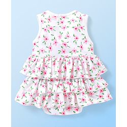 Babyhug 100% Cotton Knit Sleeveless Frock Style Onesie With Hairband Floral Print Bow Detailing - White