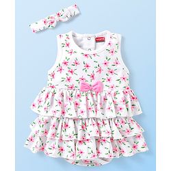 Babyhug 100% Cotton Knit Sleeveless Frock Style Onesie With Hairband Floral Print Bow Detailing - White