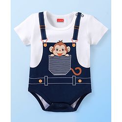 Babyhug 100% Cotton Knit Half Sleeves Onesies with Monkey Print - White & Blue