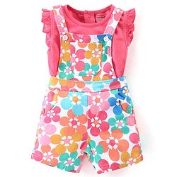 Babyhug 100% Cotton Knit Frill Sleeves Top With Floral Print Dungaree - Pink