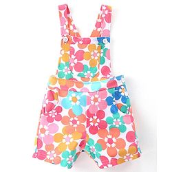 Babyhug 100% Cotton Knit Frill Sleeves Top With Floral Print Dungaree - Pink