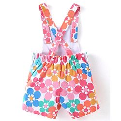 Babyhug 100% Cotton Knit Frill Sleeves Top With Floral Print Dungaree - Pink