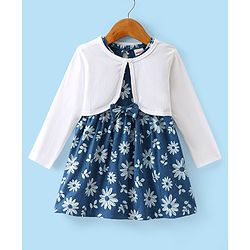 Babyhug Single Jersey Knit Floral Printed Frock with  Full Sleeves Shrug - Blue & White