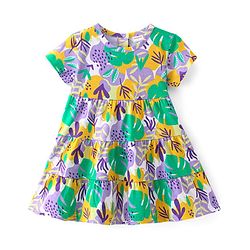 Babyhug Single Jersey Knit Half Sleeves Frock With Leafy Print - Multicolor