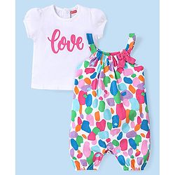 Babyhug Cotton Knit Text Printed Dungaree with Half Sleeves Inner Tee - Multicolour