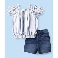 Babyhug Cotton Woven Cold Shoulder Striped Top & Denim Shorts Set - Blue & White