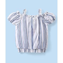Babyhug Cotton Woven Cold Shoulder Striped Top & Denim Shorts Set - Blue & White
