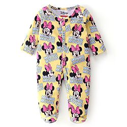 Babyhug Cotton Knit Full Sleeves Sleepsuit With Minnie Mouse Graphics - Yellow