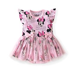 Babyhug Disney Interlock Knit Frill Sleeves Frock Style Onesie with Bow Applique & Minnie Mouse Print - Pink