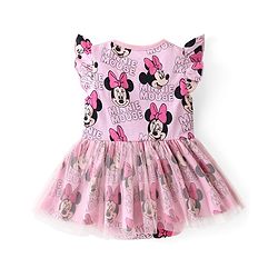 Babyhug Disney Interlock Knit Frill Sleeves Frock Style Onesie with Bow Applique & Minnie Mouse Print - Pink