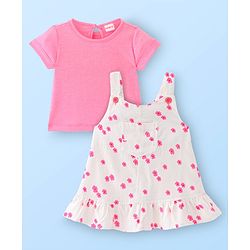 Babyhug Cotton Woven Floral Print Frock with Half Sleeves Solid Colour Inner Tee - White & Pink