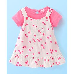 Babyhug Cotton Woven Floral Print Frock with Half Sleeves Solid Colour Inner Tee - White & Pink