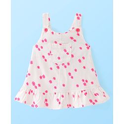 Babyhug Cotton Woven Floral Print Frock with Half Sleeves Solid Colour Inner Tee - White & Pink
