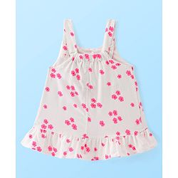 Babyhug Cotton Woven Floral Print Frock with Half Sleeves Solid Colour Inner Tee - White & Pink