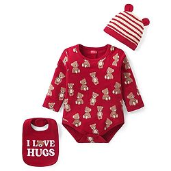 Babyhug 100% Cotton Knit Full Sleeves  Onesies with Cap & Bib Striped & Bear Print - Red