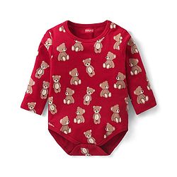 Babyhug 100% Cotton Knit Full Sleeves  Onesies with Cap & Bib Striped & Bear Print - Red