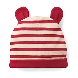 Babyhug 100% Cotton Knit Full Sleeves  Onesies with Cap & Bib Striped & Bear Print - Red