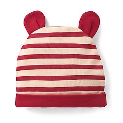 Babyhug 100% Cotton Knit Full Sleeves  Onesies with Cap & Bib Striped & Bear Print - Red