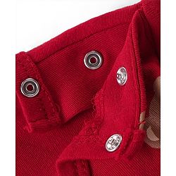 Babyhug 100% Cotton Knit Full Sleeves  Onesies with Cap & Bib Striped & Bear Print - Red
