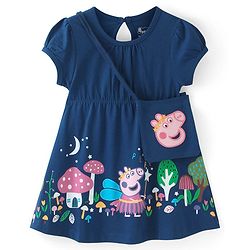 Babyhug Cotton Knit Half Sleeves Frock with Sling Bag Peppa Pig Print - Navy Blue