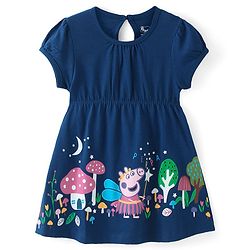 Babyhug Cotton Knit Half Sleeves Frock with Sling Bag Peppa Pig Print - Navy Blue
