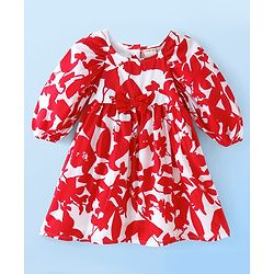 Babyhug Cotton Woven Puff Sleeves Printed Frock with Bow Applique - Red